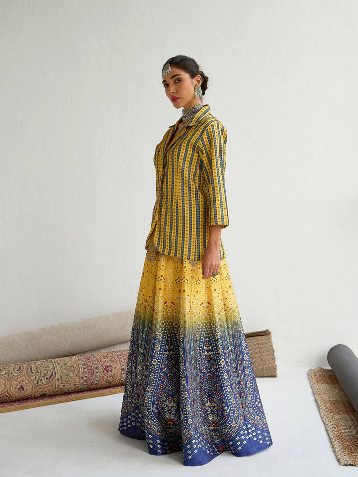 Yellow &amp; Blue Floral Blazer Top With Anarkali Skirt -Shae by SASSAFRAS