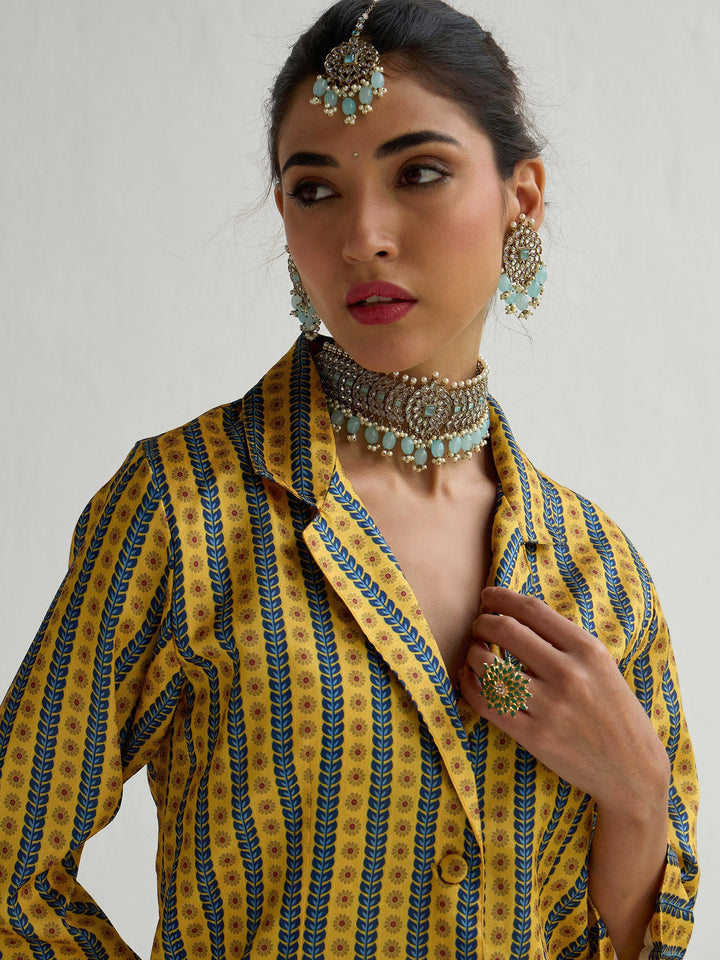 Yellow &amp; Blue Floral Blazer Top With Anarkali Skirt -Shae by SASSAFRAS