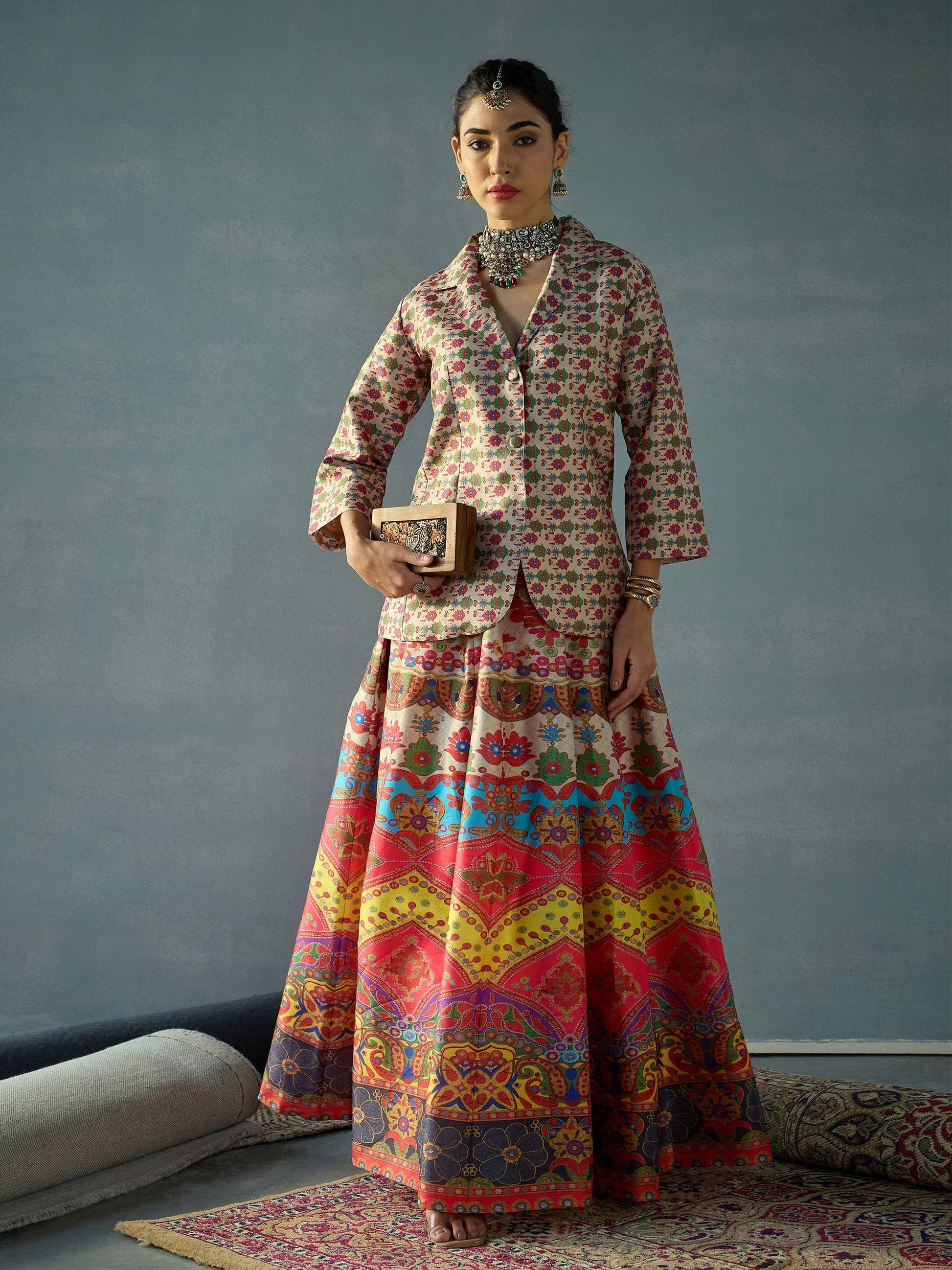Women's Women Beige Multi Floral Blazer Top With Anarkali Skirt in Cotton by Shae for wholesale, bulk, supplier, manufacturer and wholesaler buyers from Trendphoria