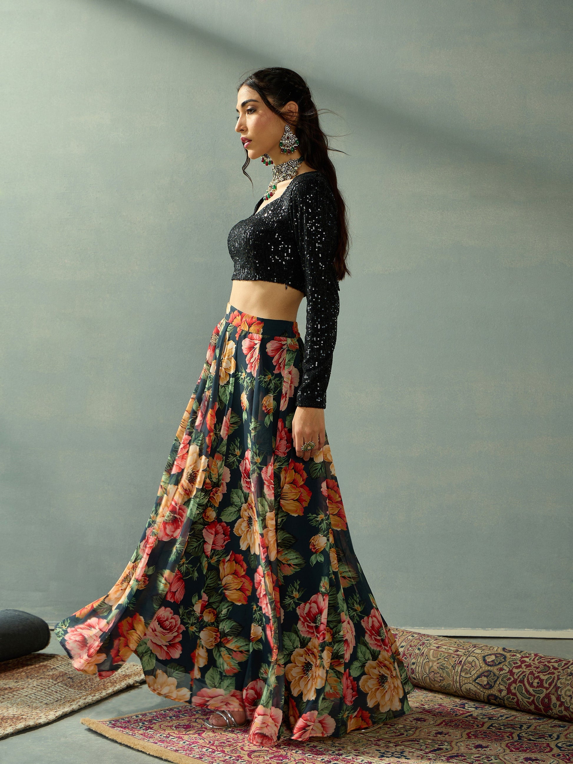 Black Sequence Blouse With Anarkali Skirt-Shae by SASSAFRAS
