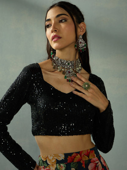 Black Sequence Blouse With Anarkali Skirt-Shae by SASSAFRAS