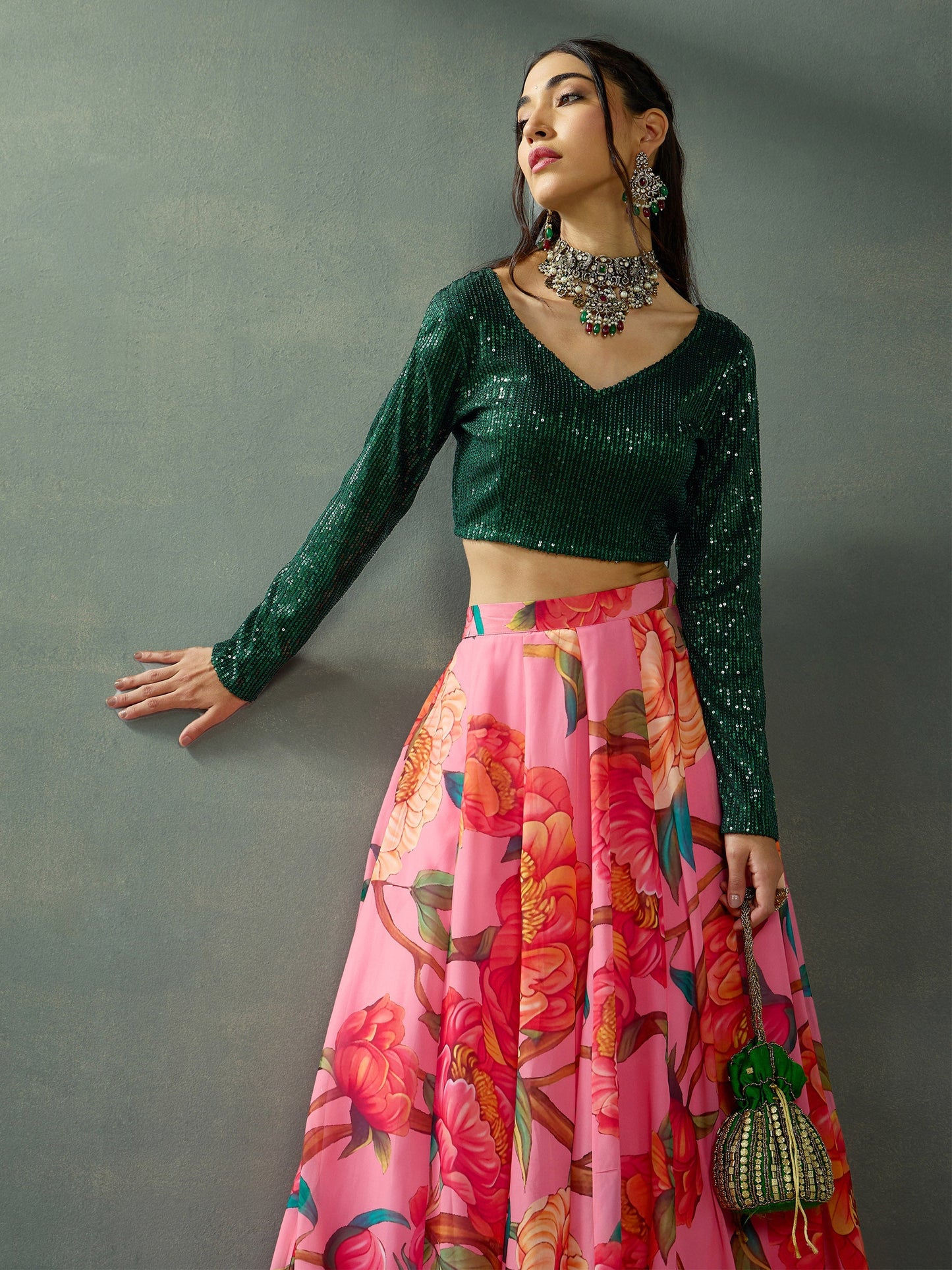 Green Sequence Blouse With Anarkali Skirt