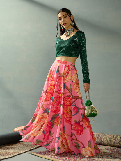 Green Sequence Blouse With Anarkali Skirt