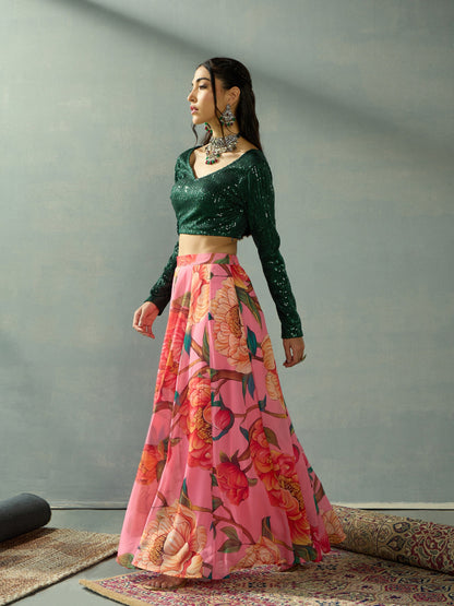 Green Sequence Blouse With Anarkali Skirt
