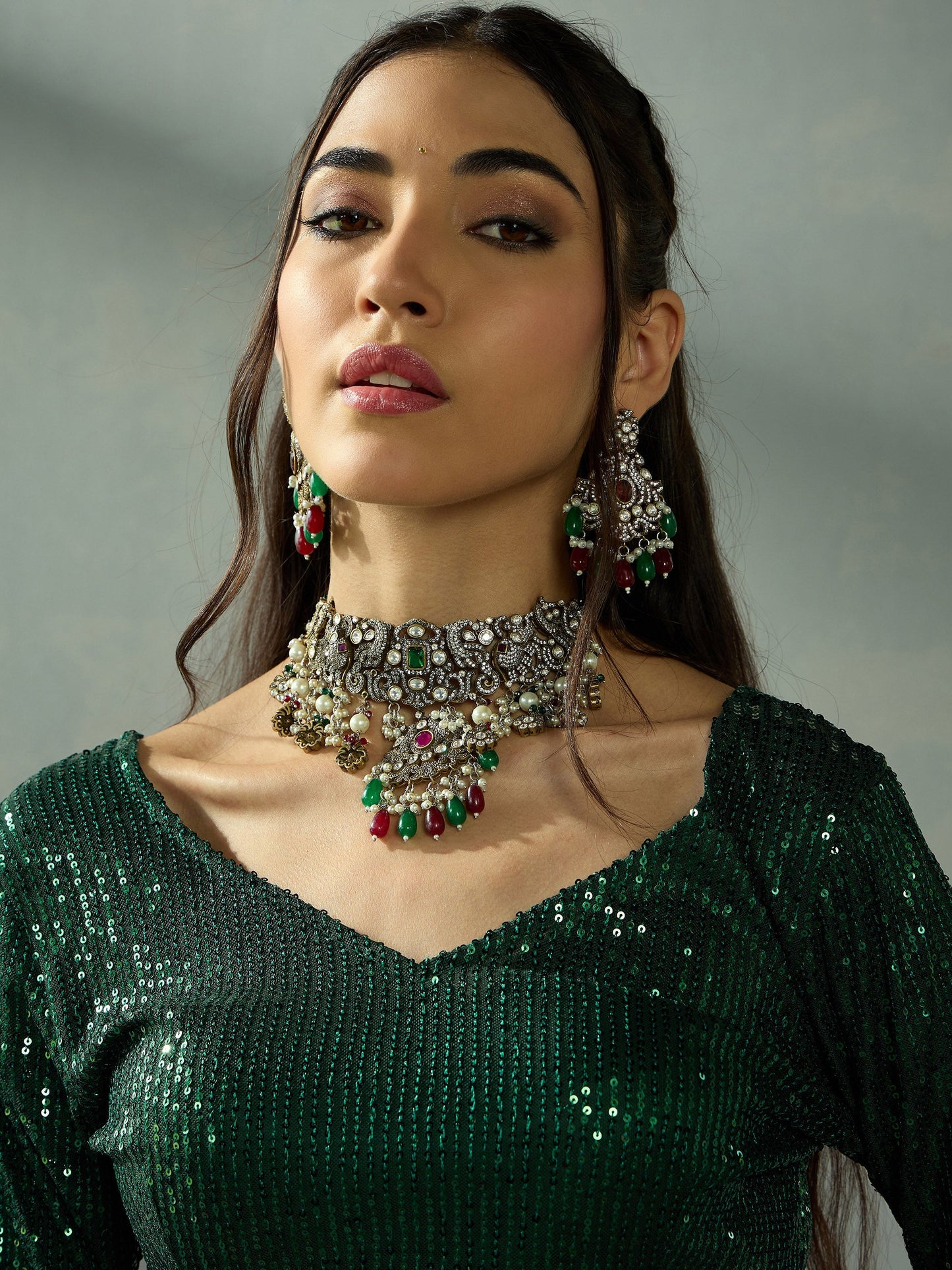 Green Sequence Blouse With Anarkali Skirt