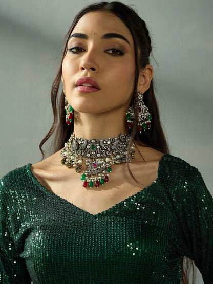 Green Sequence Blouse With Anarkali Skirt
