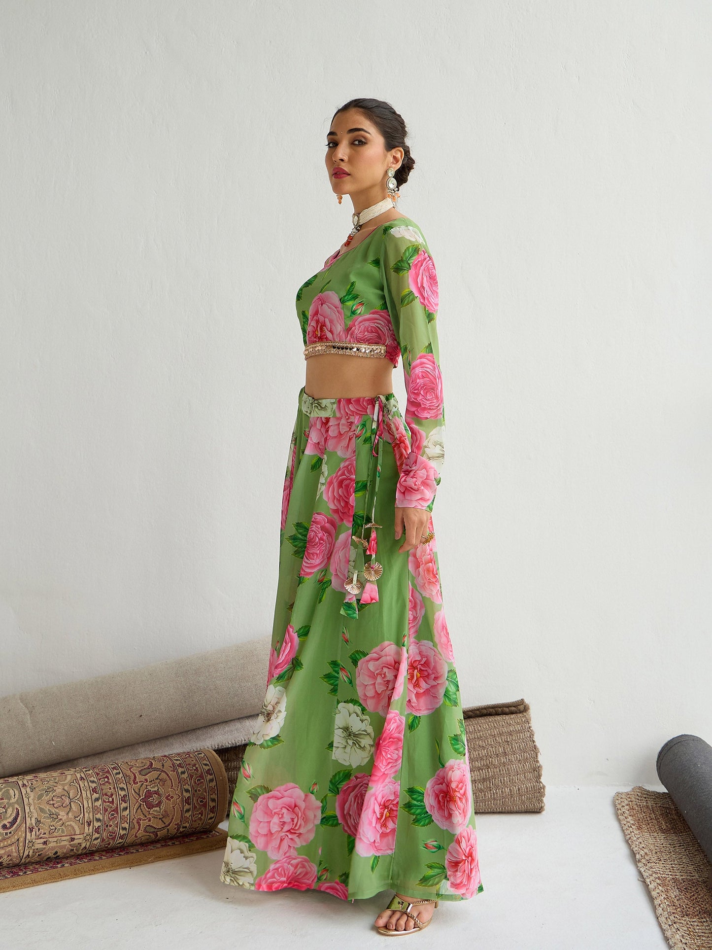Green Floral Crop Top With Anarkali Skirt -Shae by SASSAFRAS