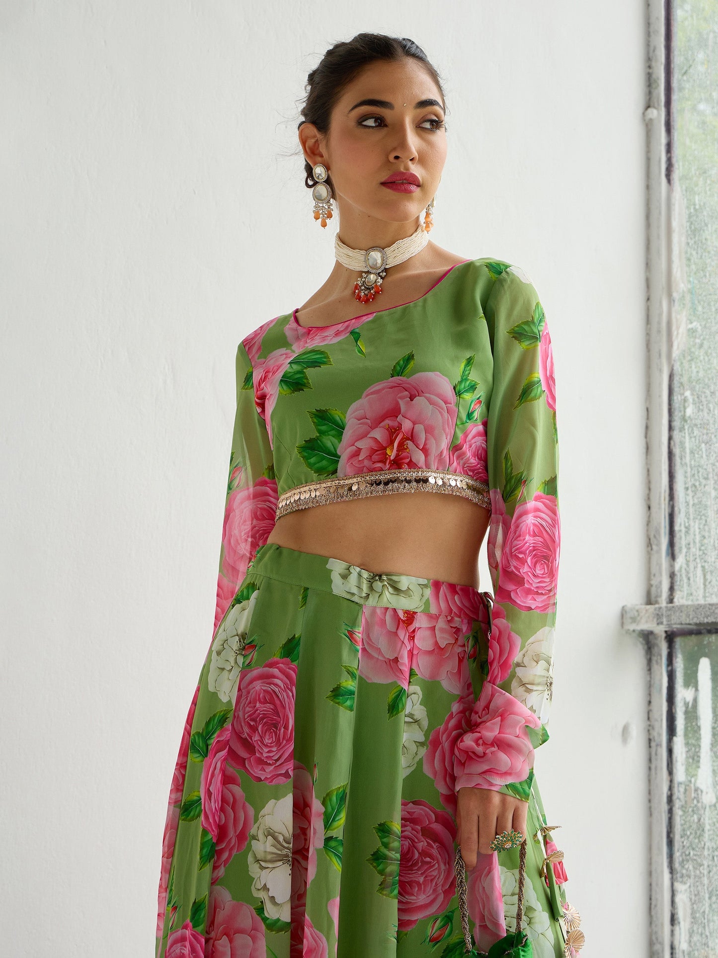 Green Floral Crop Top With Anarkali Skirt -Shae by SASSAFRAS