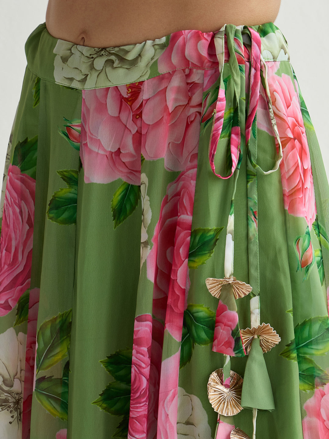 Green Floral Crop Top With Anarkali Skirt -Shae by SASSAFRAS