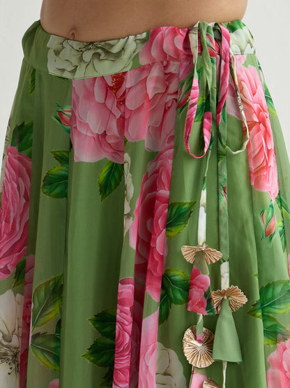 Green Floral Crop Top With Anarkali Skirt -Shae by SASSAFRAS