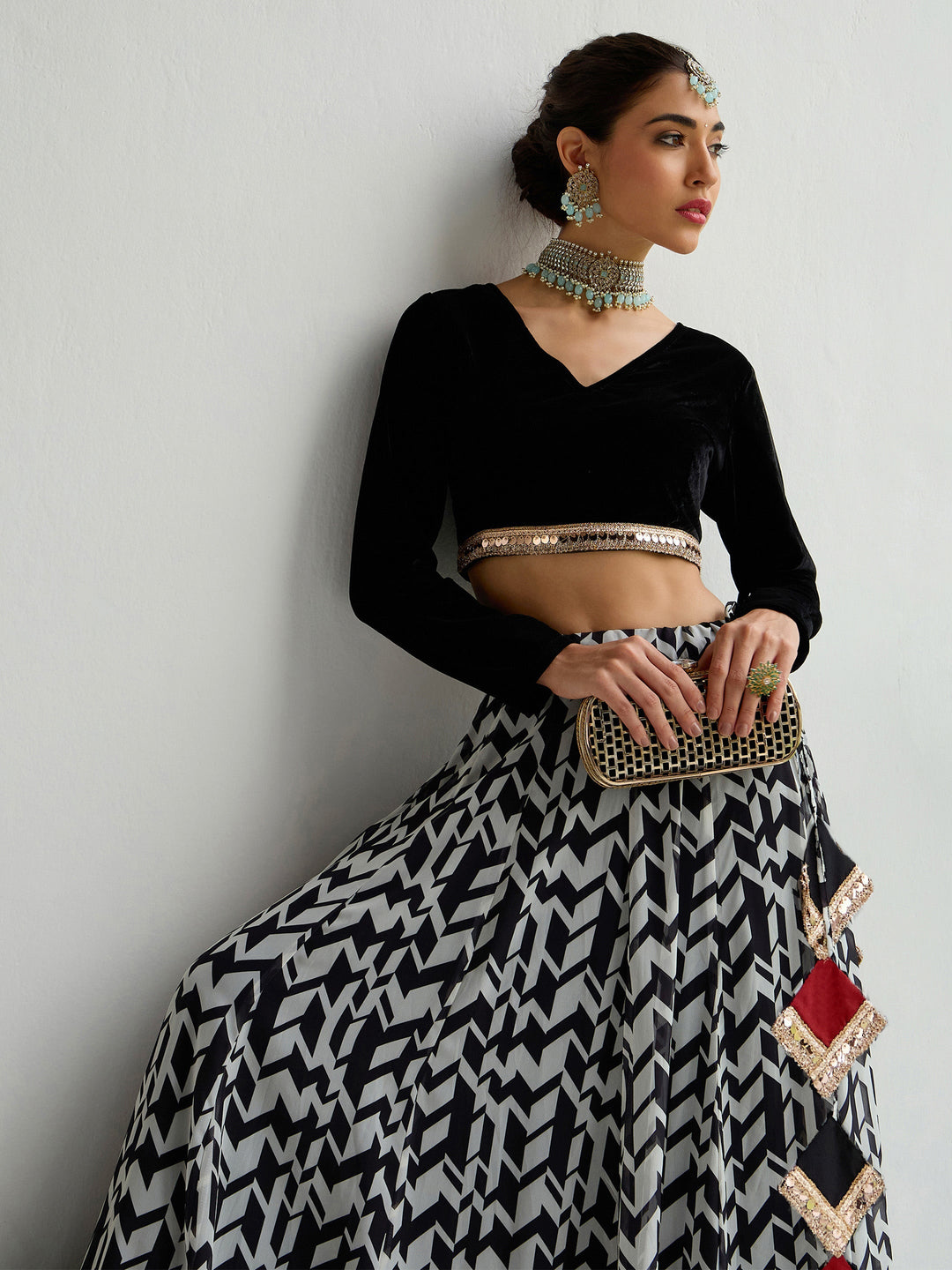 Women's Women Black Velvet Crop Top With Anarkali Skirt in Velvet by Shae for wholesale, bulk, supplier, manufacturer and wholesaler buyers from Trendphoria
