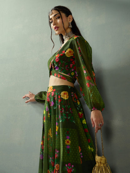 Green Floral Tie Knot Crop Top With Anarkali Skirt