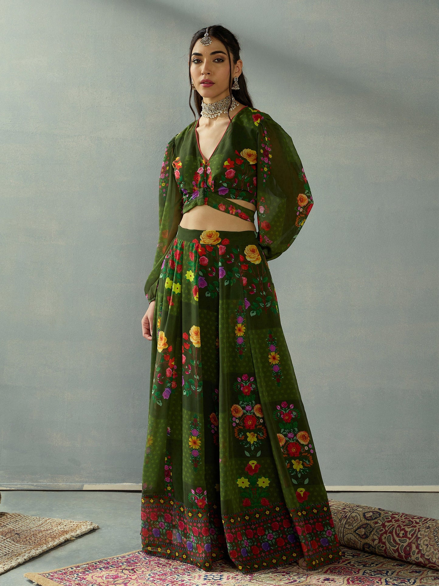 Green Floral Tie Knot Crop Top With Anarkali Skirt