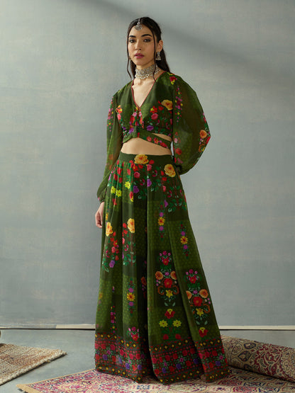 Green Floral Tie Knot Crop Top With Anarkali Skirt