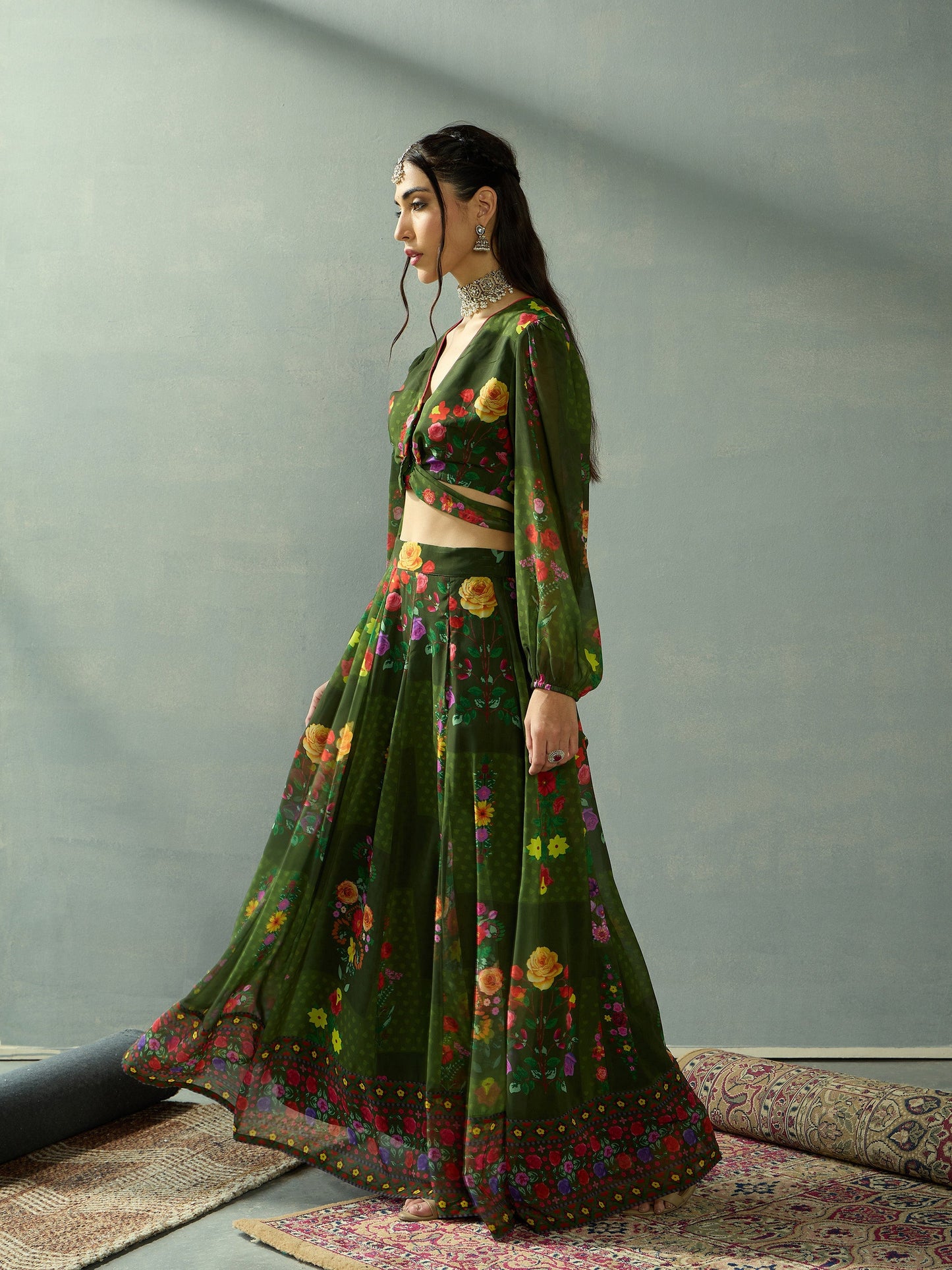 Green Floral Tie Knot Crop Top With Anarkali Skirt