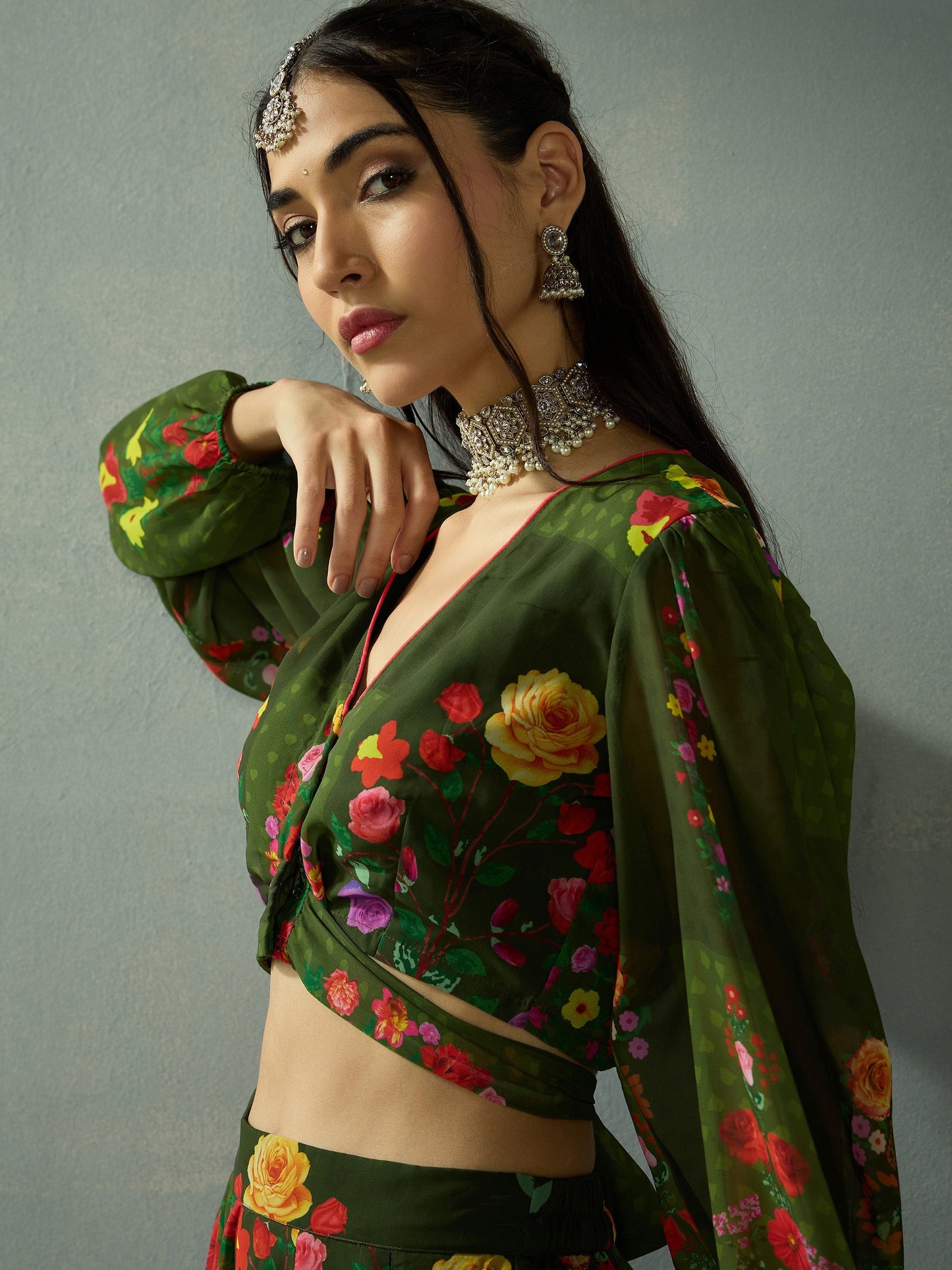 Green Floral Tie Knot Crop Top With Anarkali Skirt
