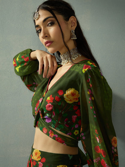 Green Floral Tie Knot Crop Top With Anarkali Skirt