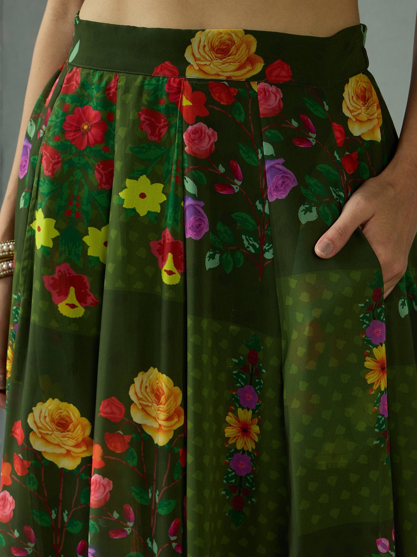 Green Floral Tie Knot Crop Top With Anarkali Skirt