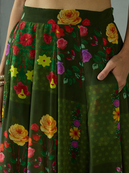 Green Floral Tie Knot Crop Top With Anarkali Skirt