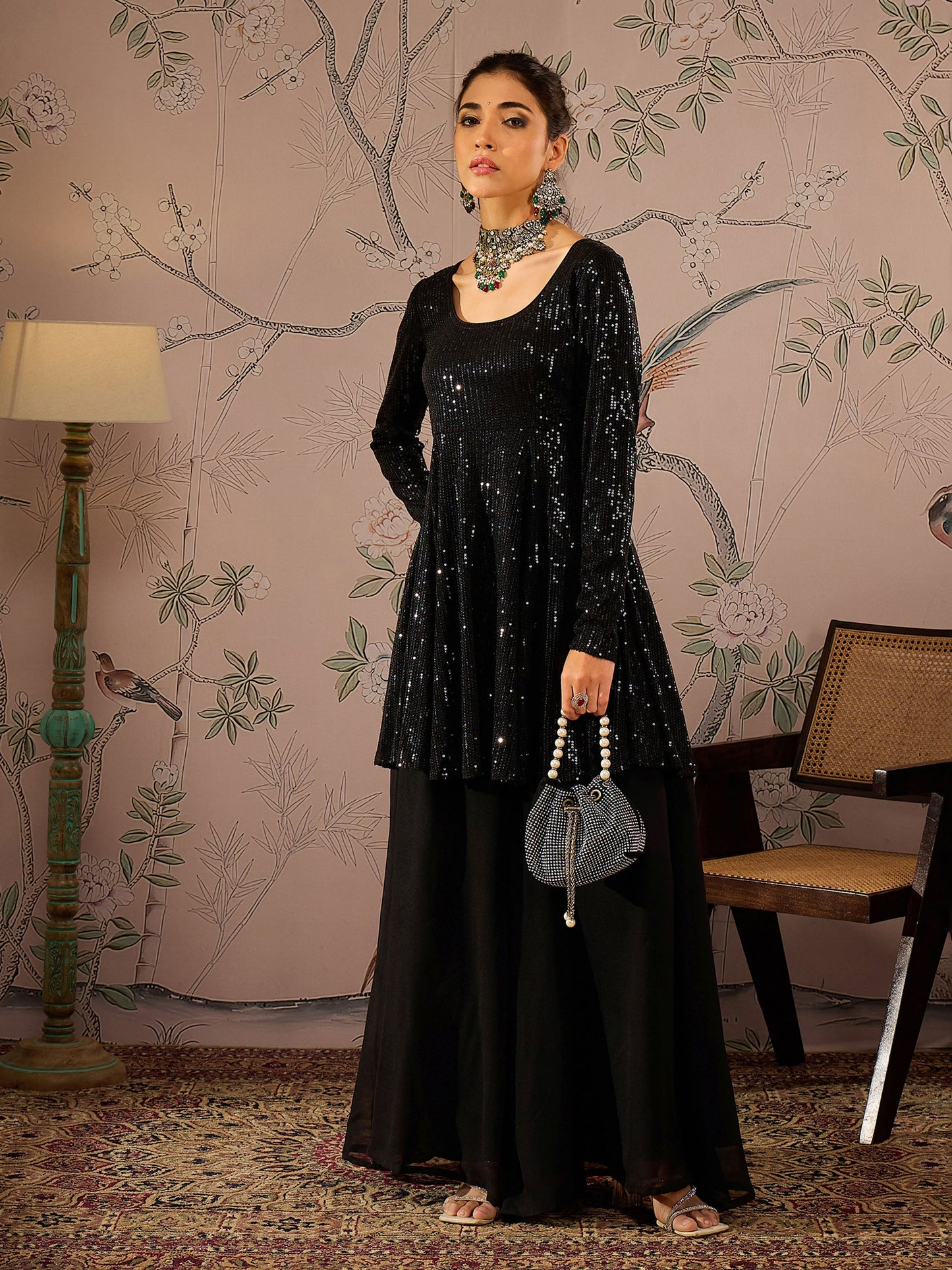 Black Sequins Peplum Top With Flared Pants -Shae by SASSAFRAS