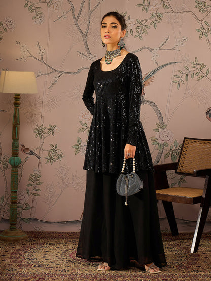 Black Sequins Peplum Top With Flared Pants -Shae by SASSAFRAS