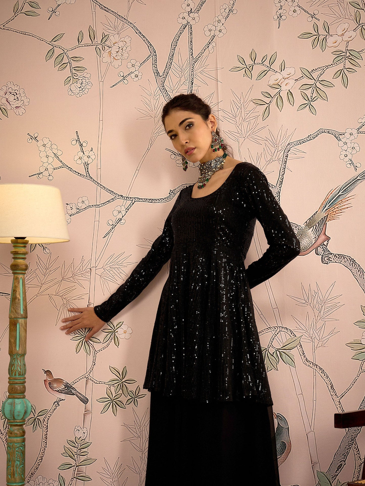 Black Sequins Peplum Top With Flared Pants -Shae by SASSAFRAS