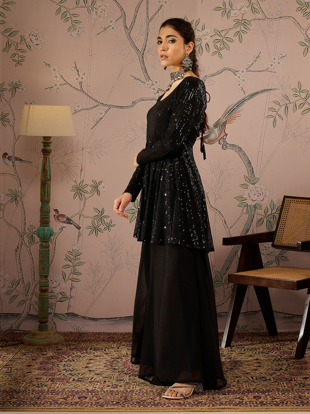 Black Sequins Peplum Top With Flared Pants -Shae by SASSAFRAS