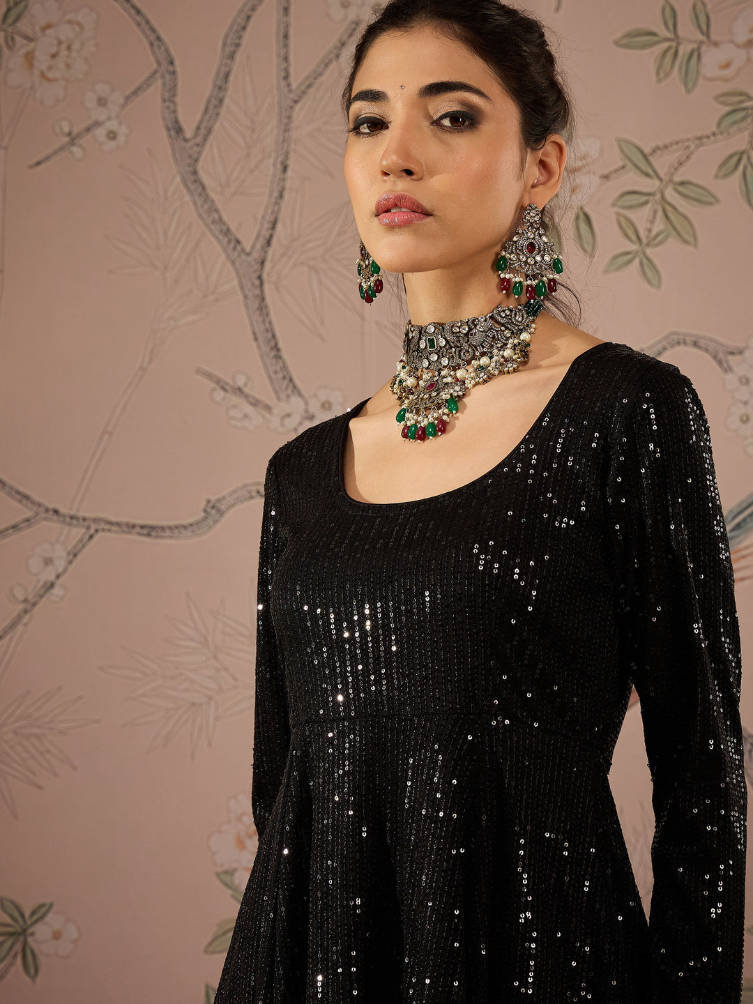 Black Sequins Peplum Top With Flared Pants -Shae by SASSAFRAS