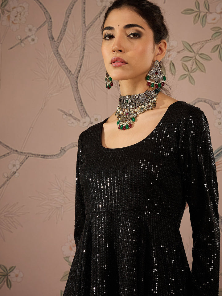 Black Sequins Peplum Top With Flared Pants -Shae by SASSAFRAS