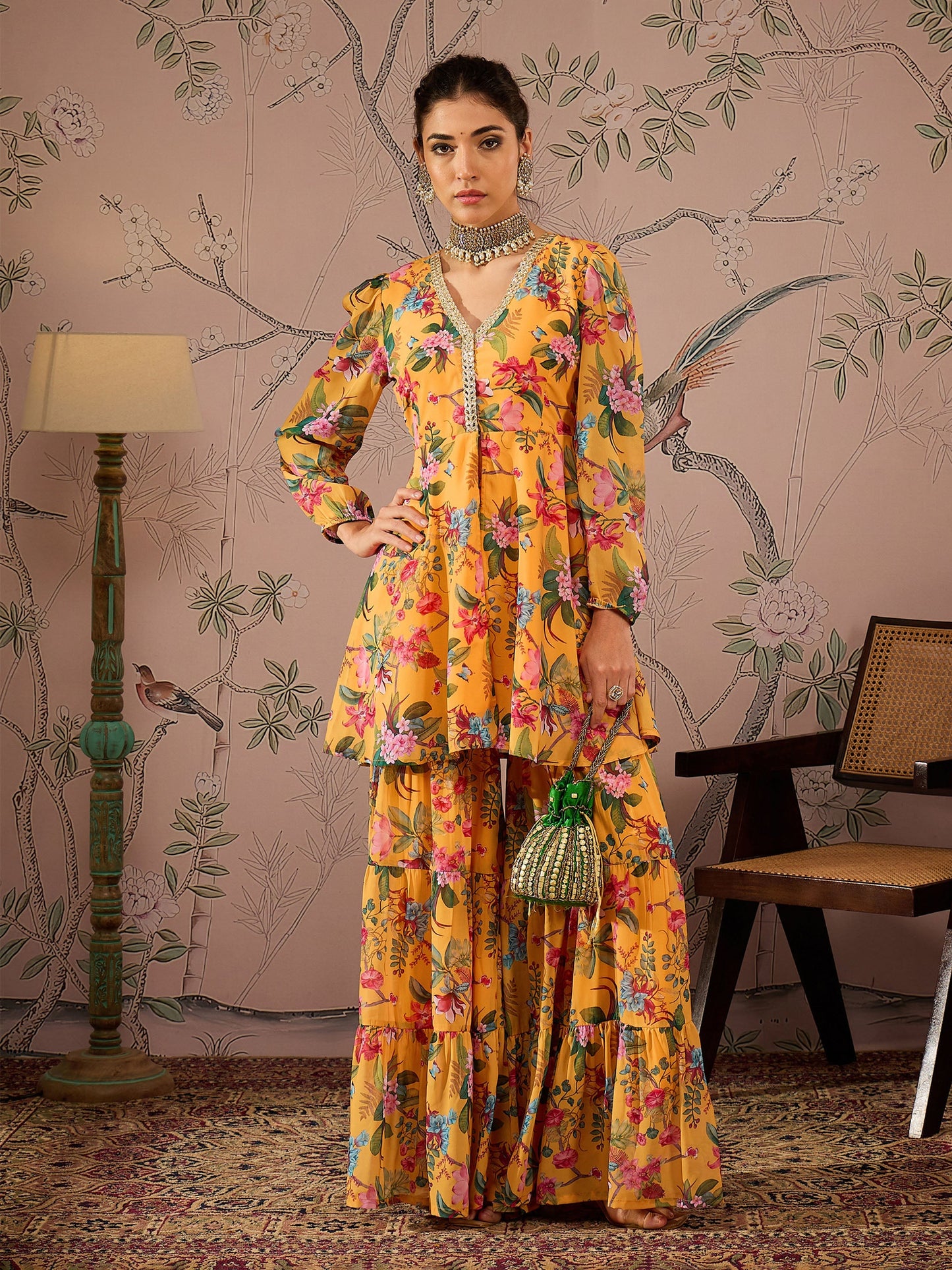 Yellow Floral Peplum Top With Sharara Pants