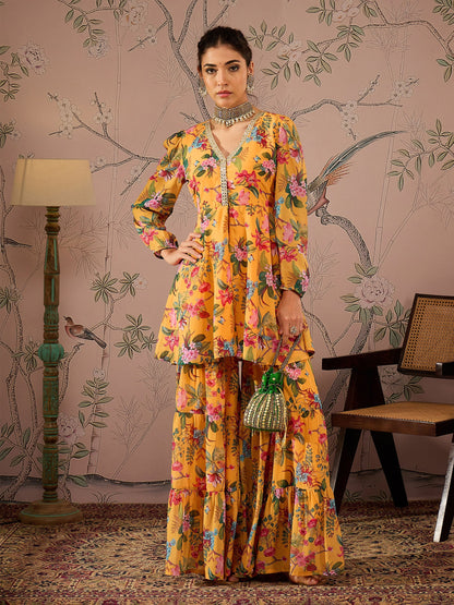 Yellow Floral Peplum Top With Sharara Pants