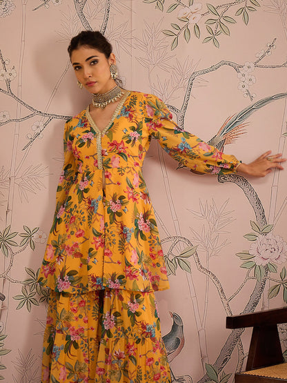 Yellow Floral Peplum Top With Sharara Pants