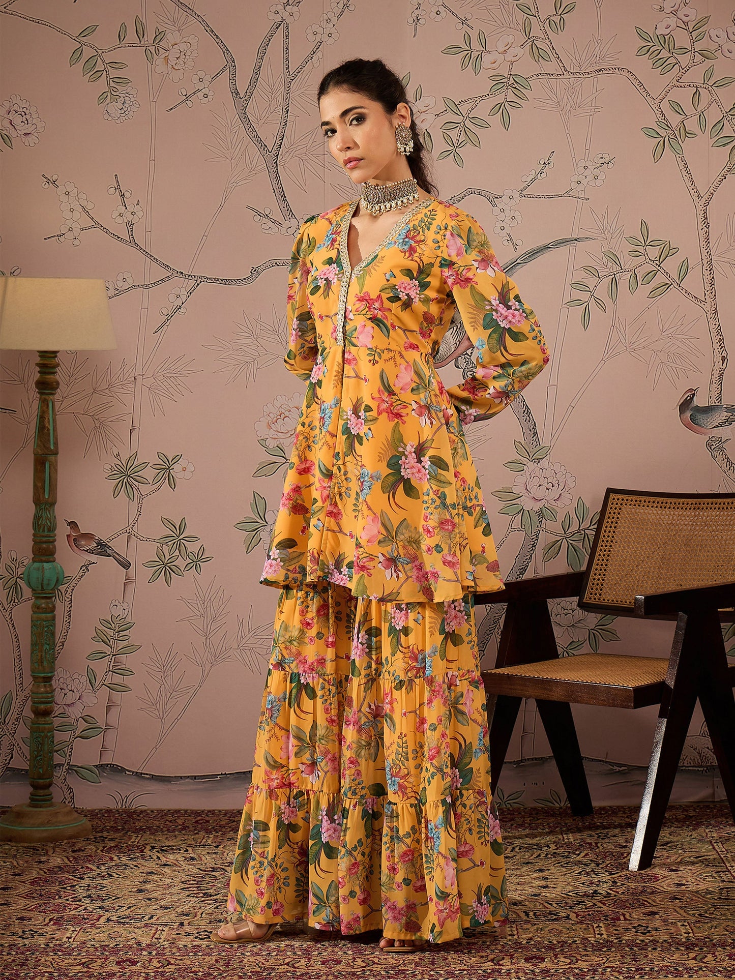 Yellow Floral Peplum Top With Sharara Pants