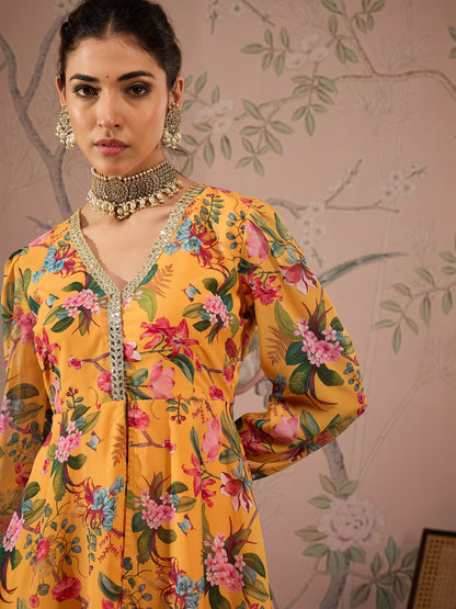Yellow Floral Peplum Top With Sharara Pants