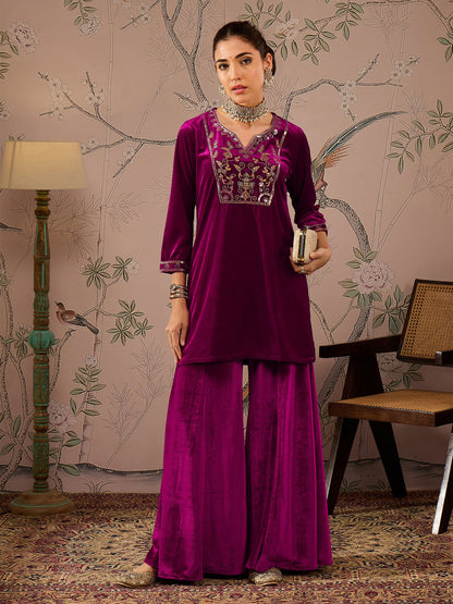 Women's Women Fuchsia Velvet Embroidered Short Kurta With Palazzo Pants in Velvet by Shae for wholesale, bulk, supplier, manufacturer and wholesaler buyers from Trendphoria