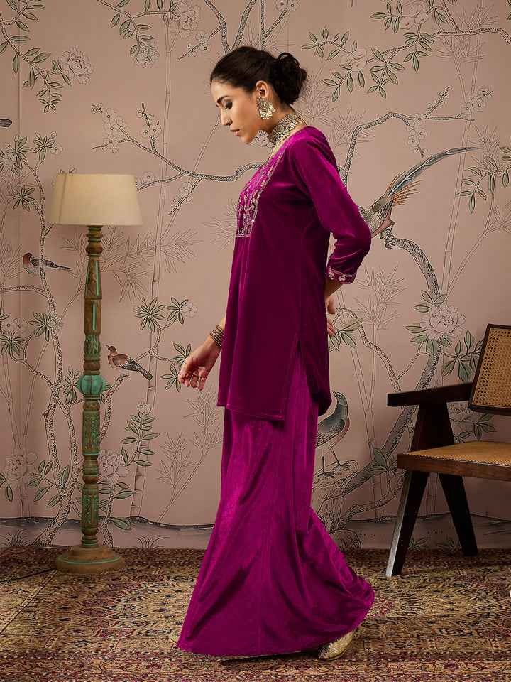 Fuchsia Velvet Embroidered Short Kurta With Palazzo Pants -Shae by SASSAFRAS