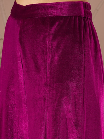 Fuchsia Velvet Embroidered Short Kurta With Palazzo Pants -Shae by SASSAFRAS