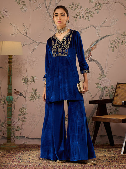 Royal Blue Velvet Embroidered Kurta With Palazzo Pants