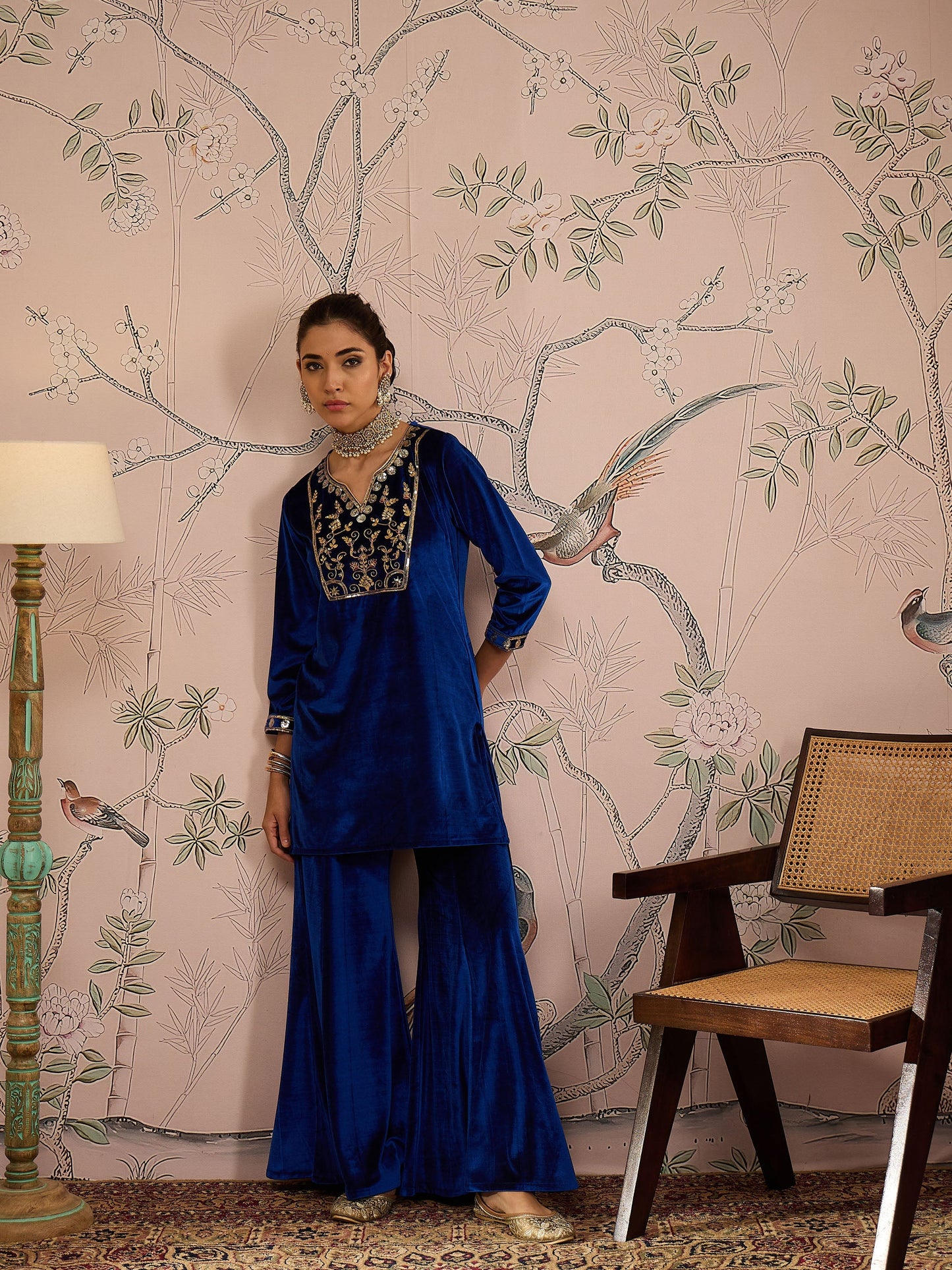 Royal Blue Velvet Embroidered Kurta With Palazzo Pants
