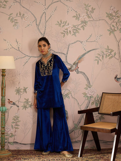 Royal Blue Velvet Embroidered Kurta With Palazzo Pants