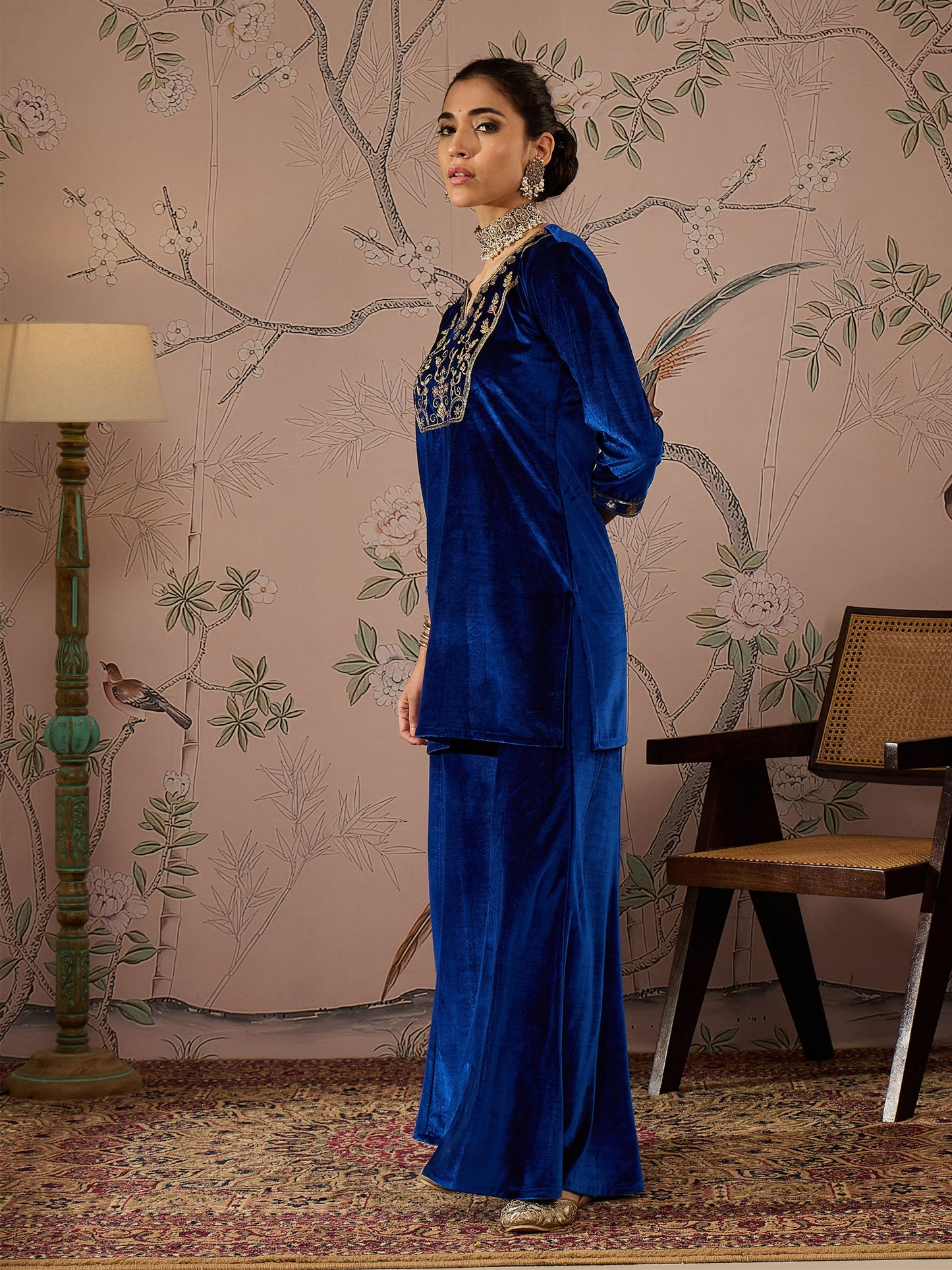 Royal Blue Velvet Embroidered Kurta With Palazzo Pants