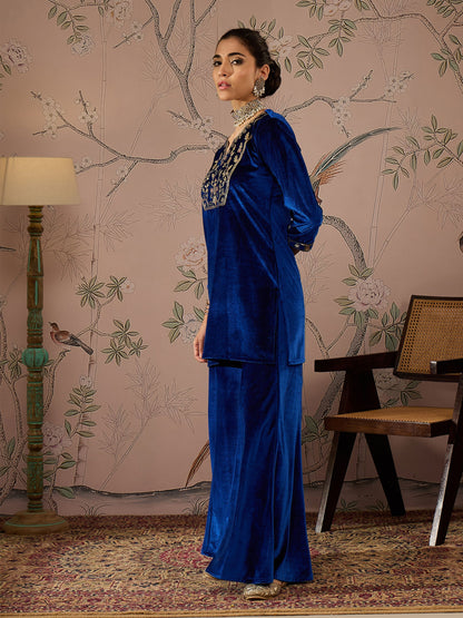 Royal Blue Velvet Embroidered Kurta With Palazzo Pants