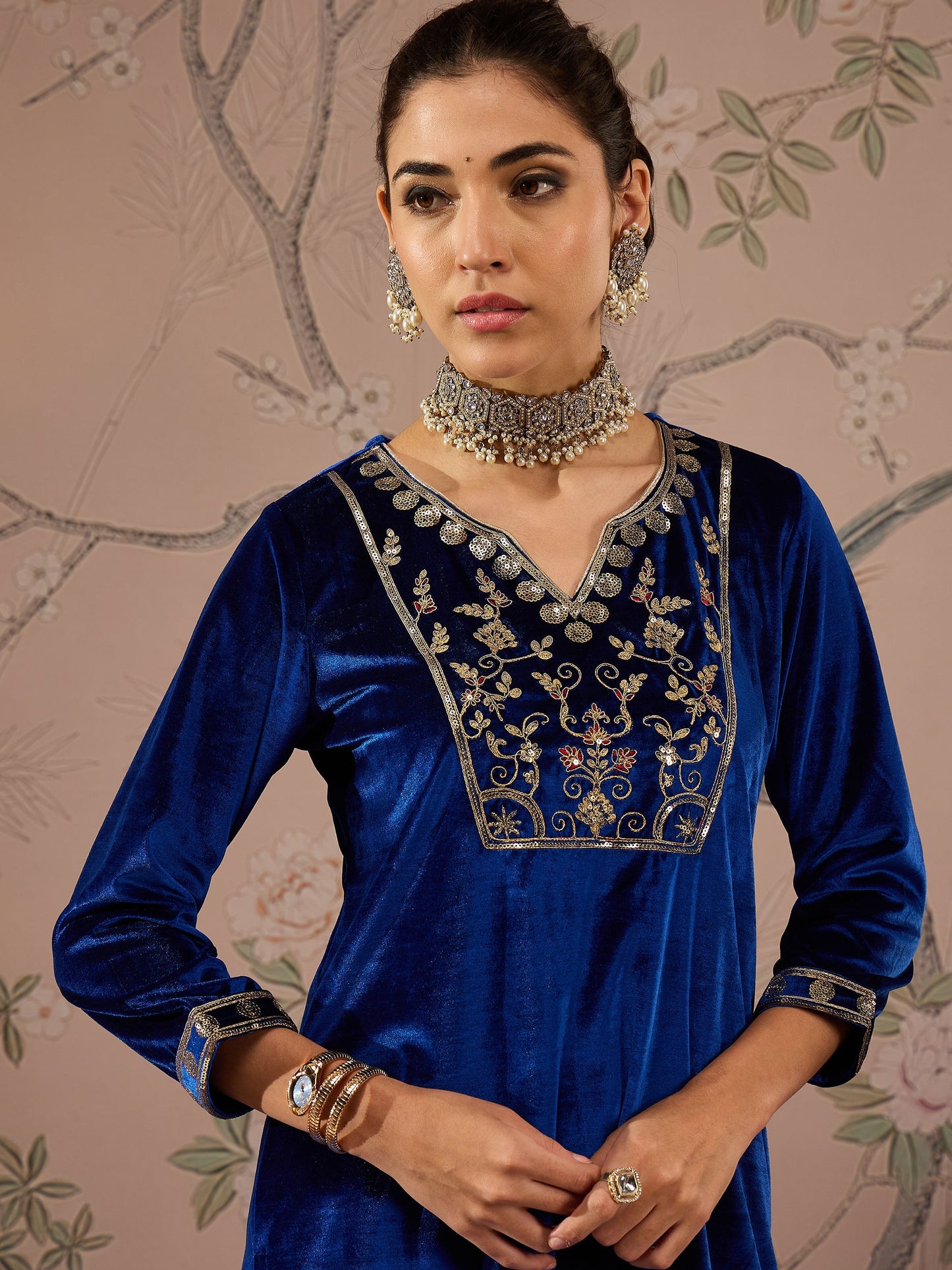 Royal Blue Velvet Embroidered Kurta With Palazzo Pants