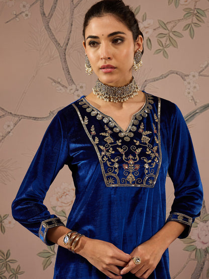Royal Blue Velvet Embroidered Kurta With Palazzo Pants