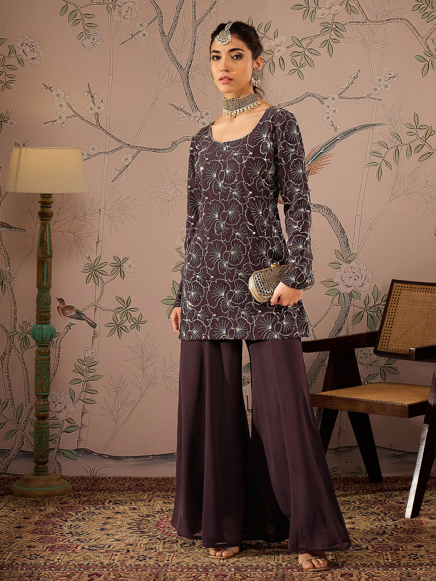Brown Sequins Short Kurta With Solid Palazzo Pants