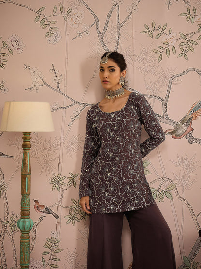 Brown Sequins Short Kurta With Solid Palazzo Pants