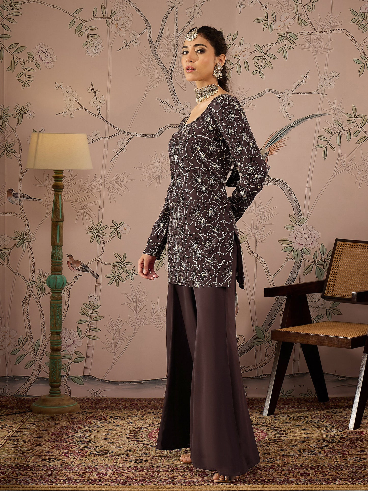 Brown Sequins Short Kurta With Solid Palazzo Pants
