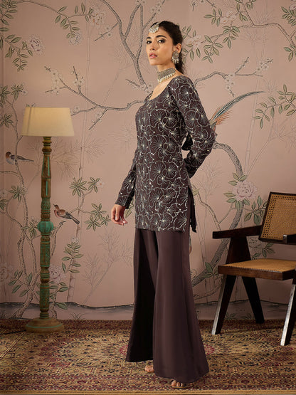 Brown Sequins Short Kurta With Solid Palazzo Pants