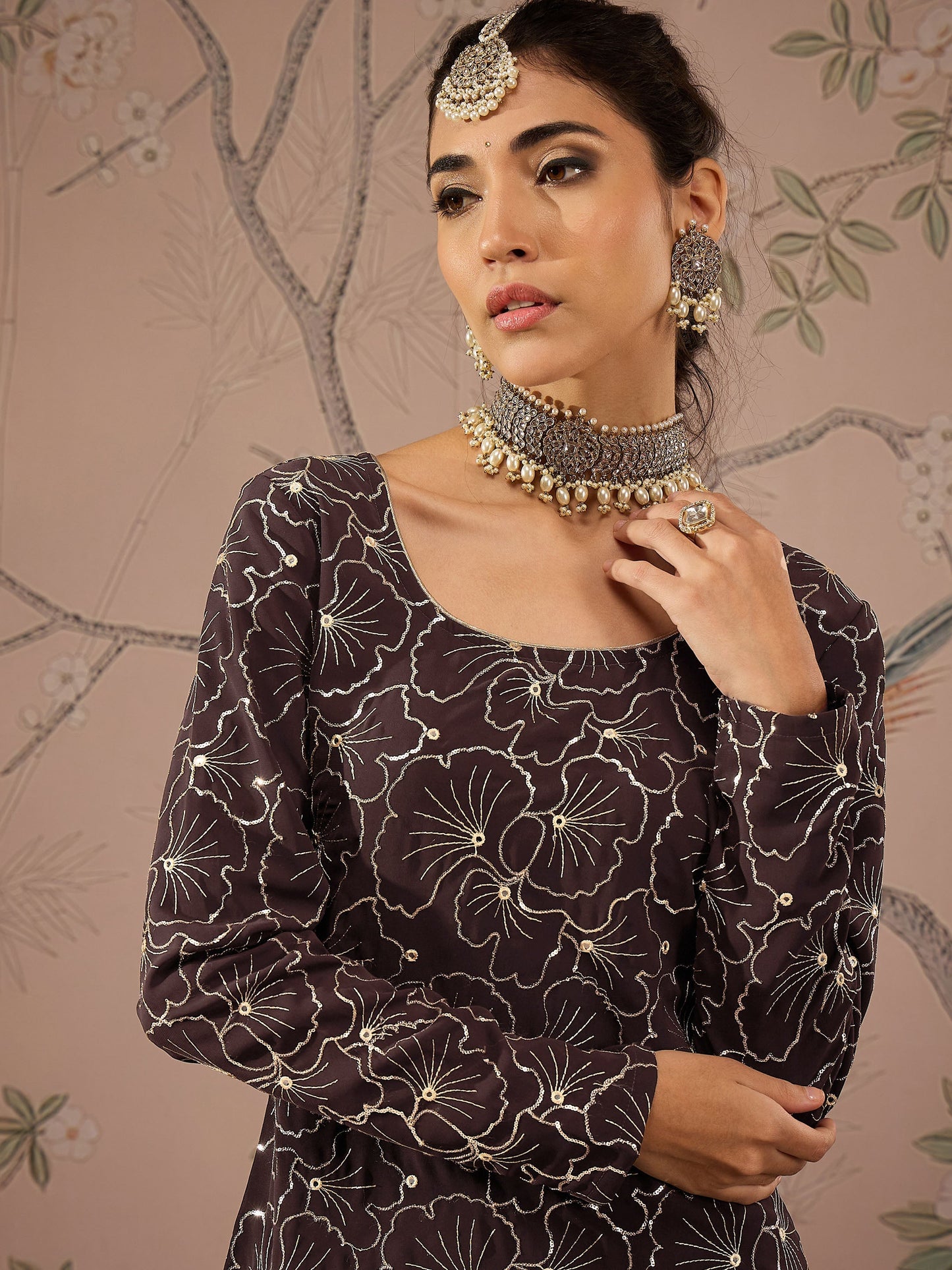 Brown Sequins Short Kurta With Solid Palazzo Pants