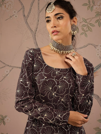 Brown Sequins Short Kurta With Solid Palazzo Pants